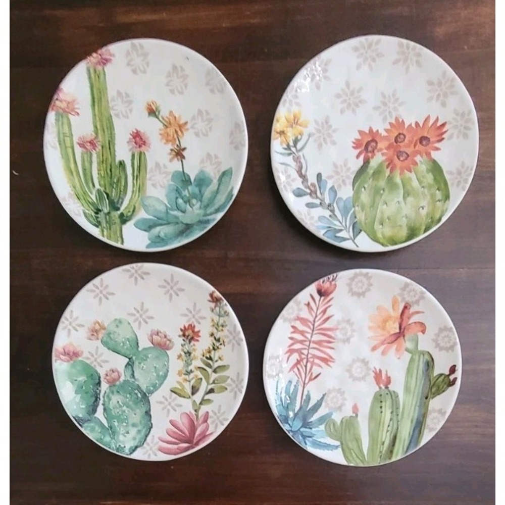 Pier 1 Imports, "Desert Cactus" Ironstone 9" Salad Plates. Set Of 4
